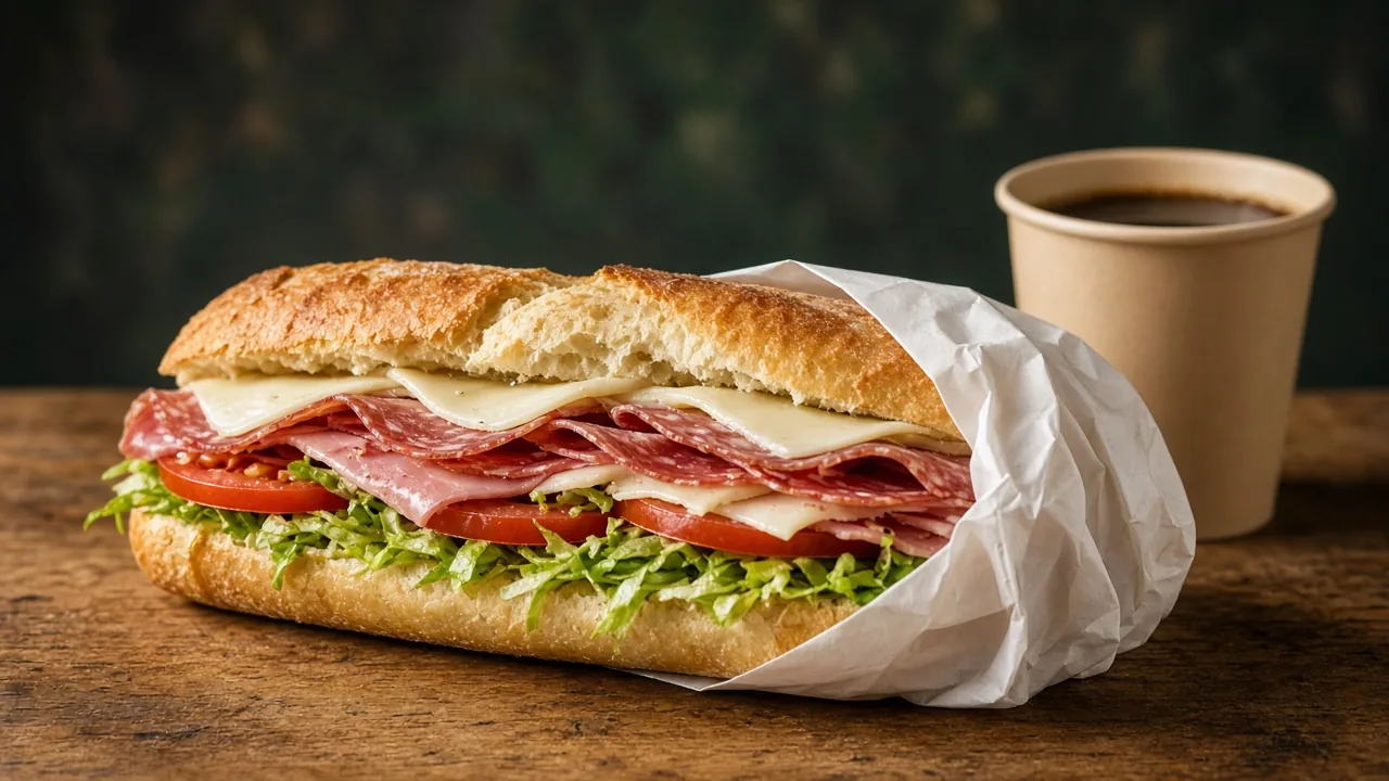 A stacked Italian grinder with cold cuts, provolone, lettuce and tomato on a crusty roll, half wrapped in deli paper beside a cup of coffee